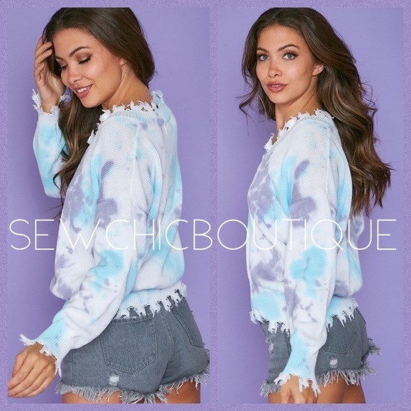 Tie Dyed V-Neck Sweater with Frayed Hem - Picture 2 of 8